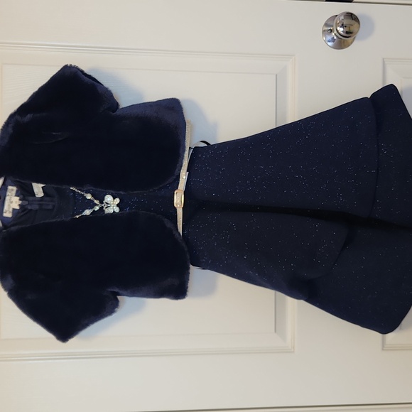 Knitworks Other - Knitworks Girls Navy Dress with Faux Fur Shrug & Accessories Size 12